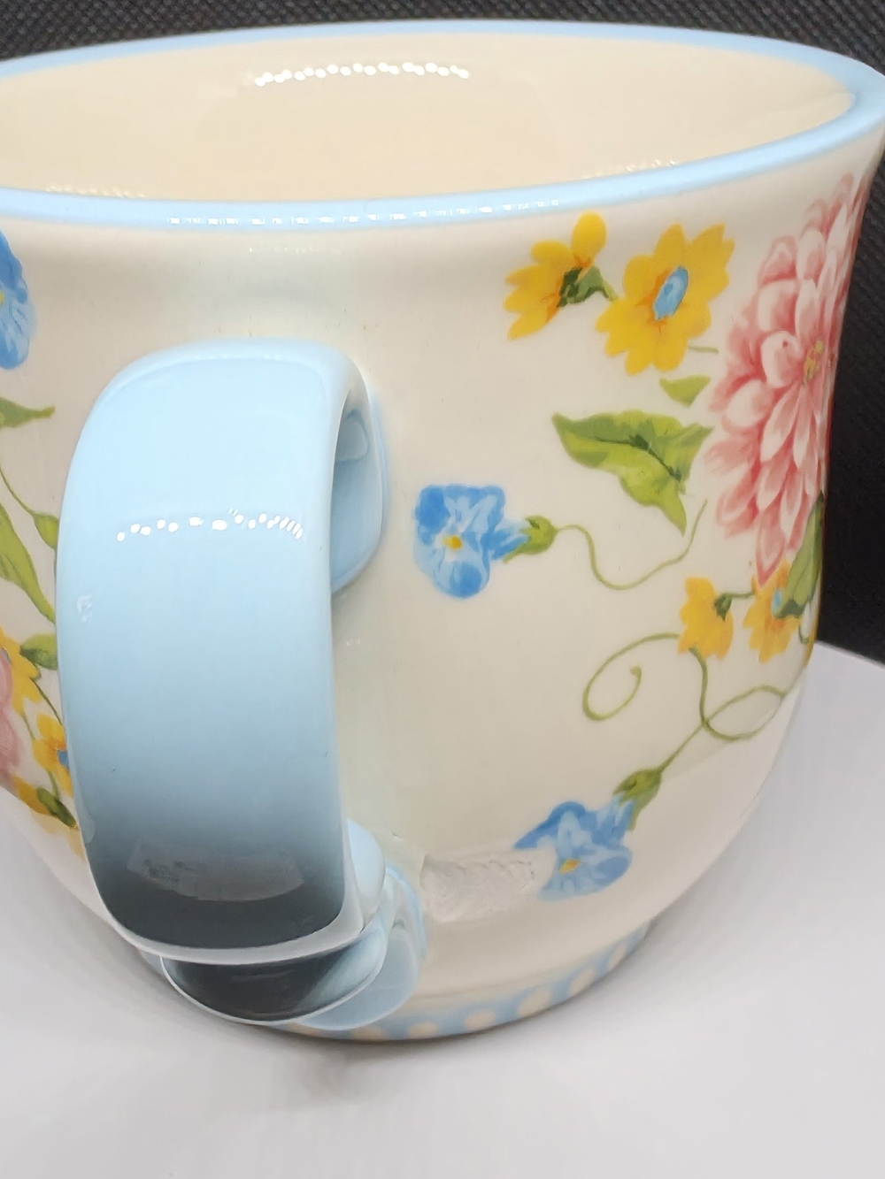 Ceramic Floral Teacup with Blue Handle - Cream/Red/Yellow - Picture 8 of 9